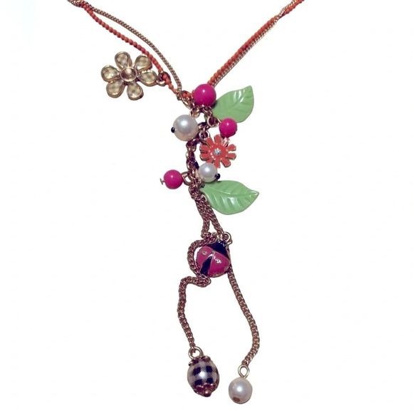 BETSEY JOHNSON Vintage Y-Drop Double-Strand Gold Beaded Charm Necklace NEW NWT - Picture 7 of 8